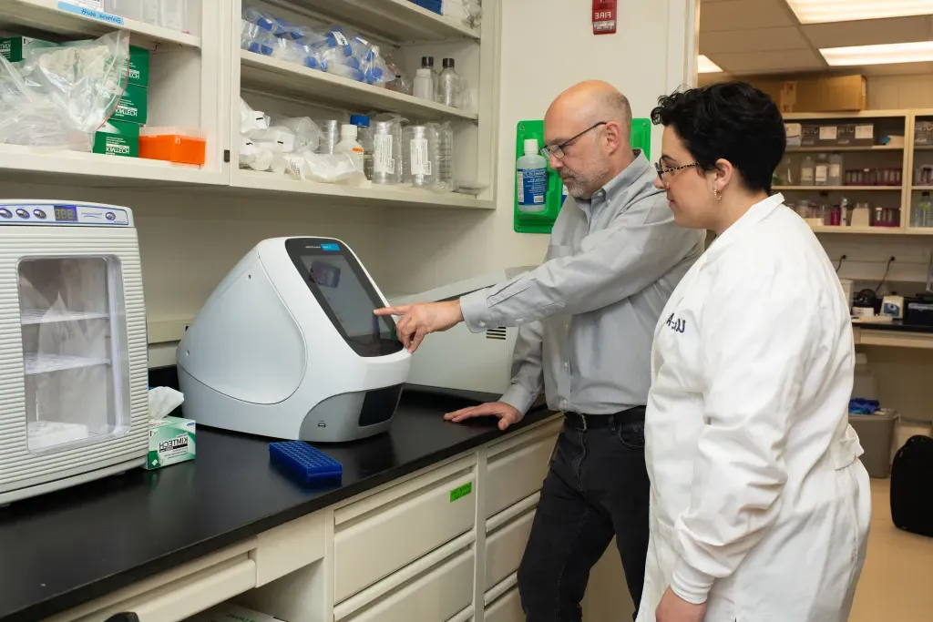 U N E faculty member Derek Molliver, Ph.D., does research in his lab with a U N E student